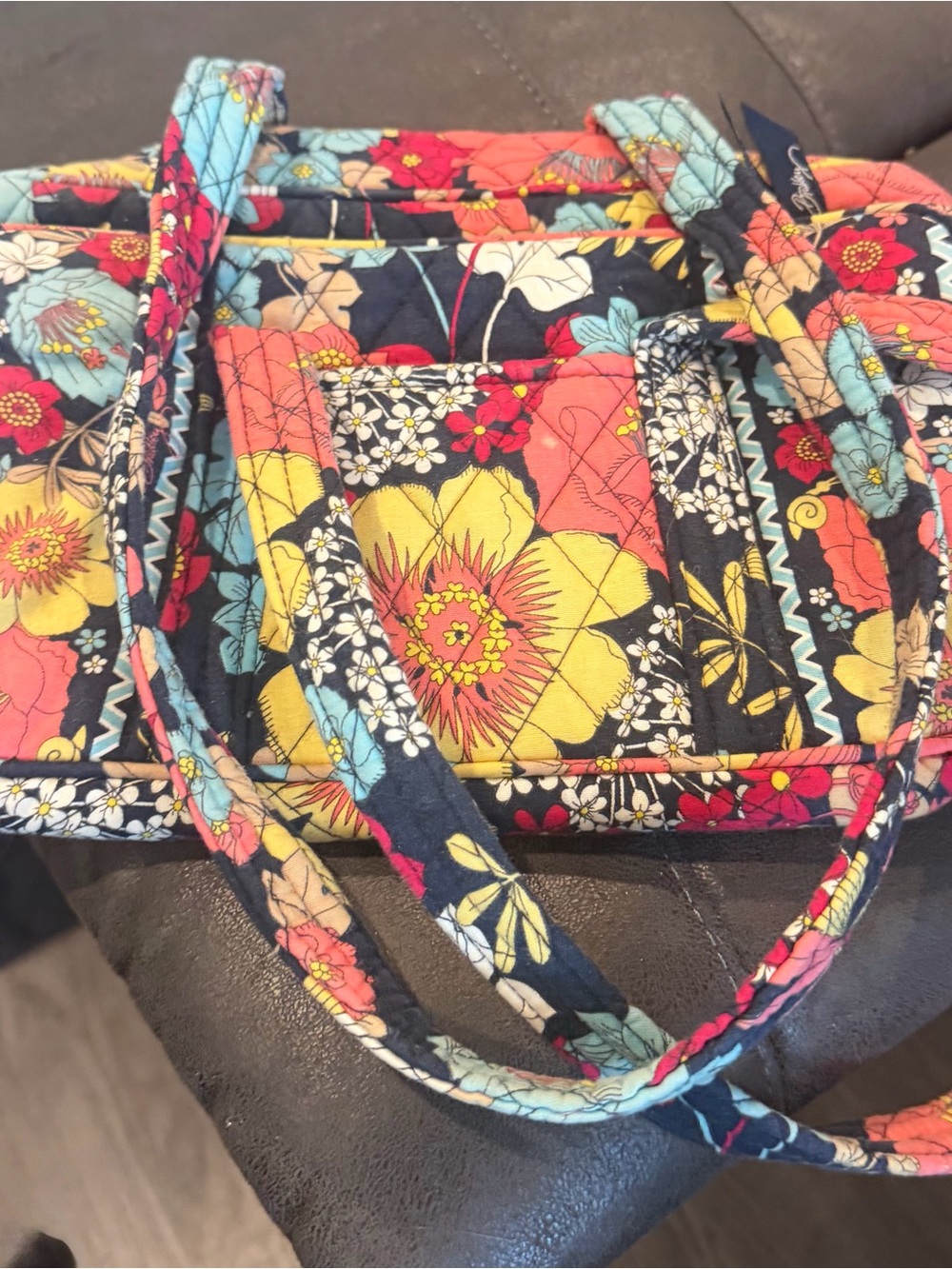 Vera Bradley Quilted Floral Tote in Navy, Yellow & Coral